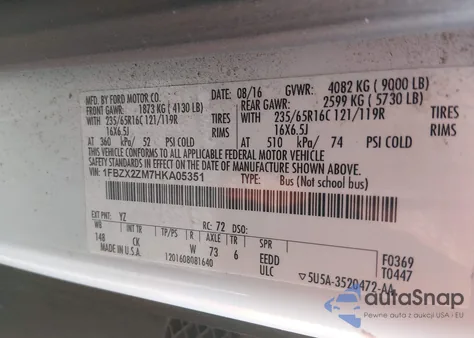 2017 Ford Transit-350 Xlt z USA, uszkodzony, nr VIN 1FBZX2ZM7HKA05351